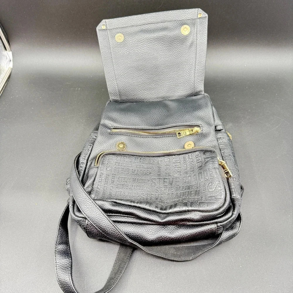 Steve Madden Black Pebbled Leather Mini Backpack Logo Embossed Gold Hardware